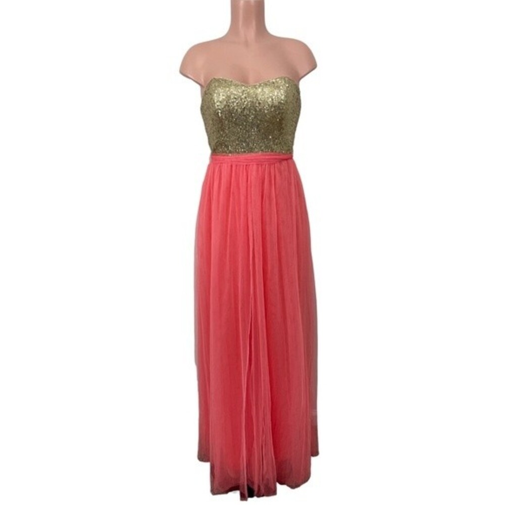 Christina Wu Bridesmaid Dress Style 22725 Size 4‎ Gold Sequin with Coral Tulle
